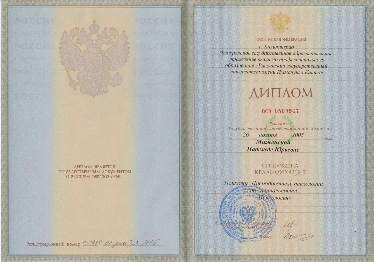 Higher education: psychologist, lecturer in psychology — Immanuel Kant Baltic Federal University